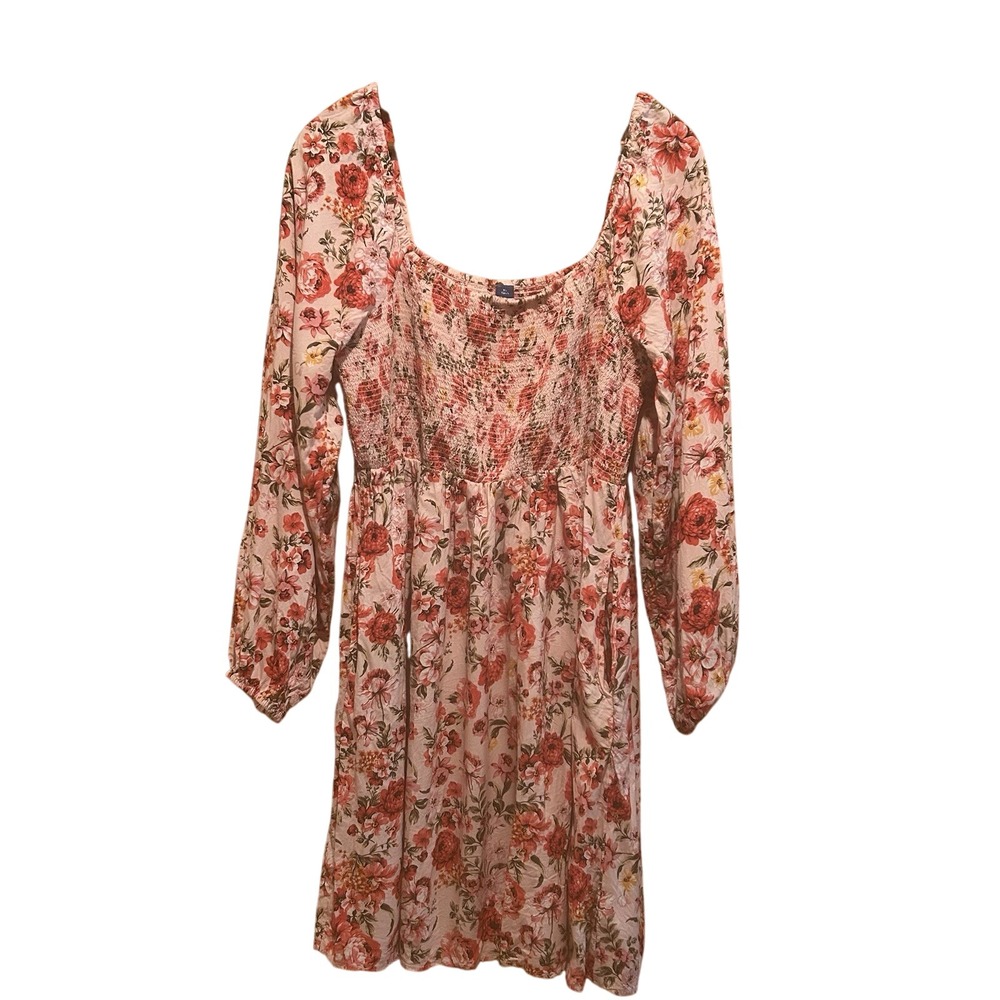 Old Navy Pink Floral Smocked Mini Dress XL Tall Square Neck Coquette Cottagecore